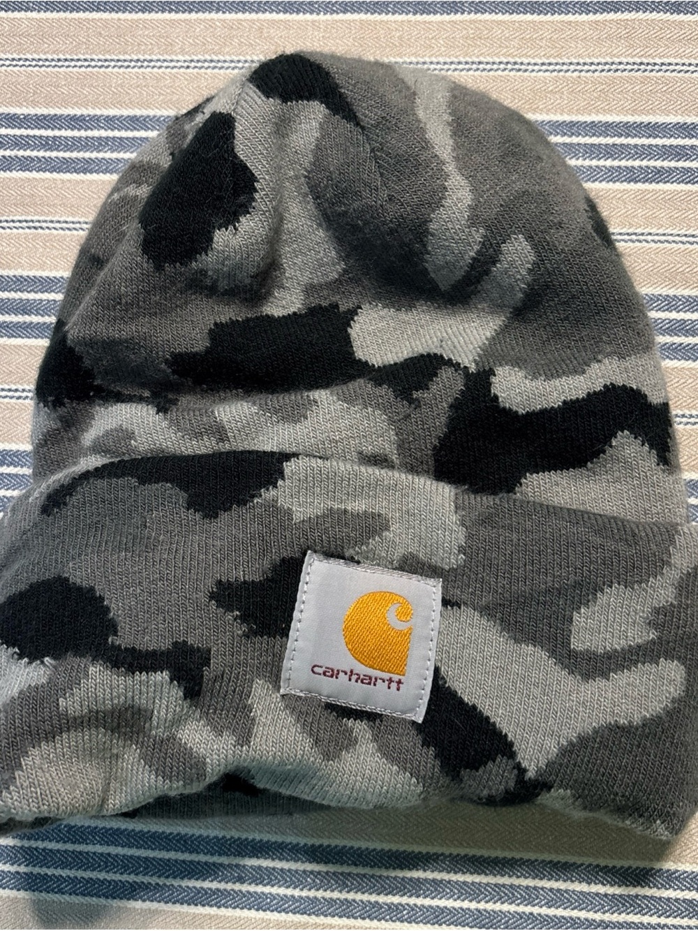 Carhartt Gray Camo Fold-Over Beanie with Yellow Logo Patch